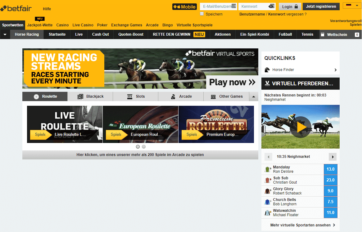 Screenshot von betfair